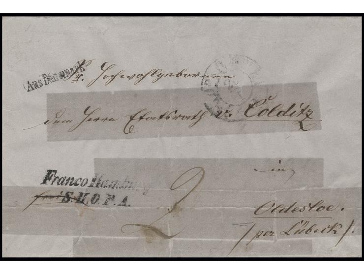 "Franco Hamburg S.H.O.P.A." schwarzer L2 auf Faltbrief vom 12.1.1851 von Petersdorf/Fehmarn nach Oldesloe, vorderseitig schwa