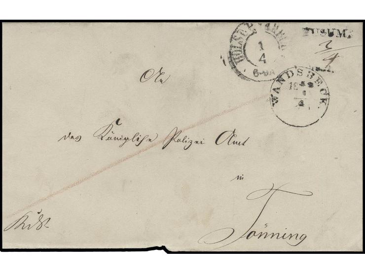 Faltbriefhülle als Dienstsache von Wandsbeck nach Tönning mit EKr. "WANDSBECK 1.4.1852" sowie Transitstempel DKr. "HOLST. P.A