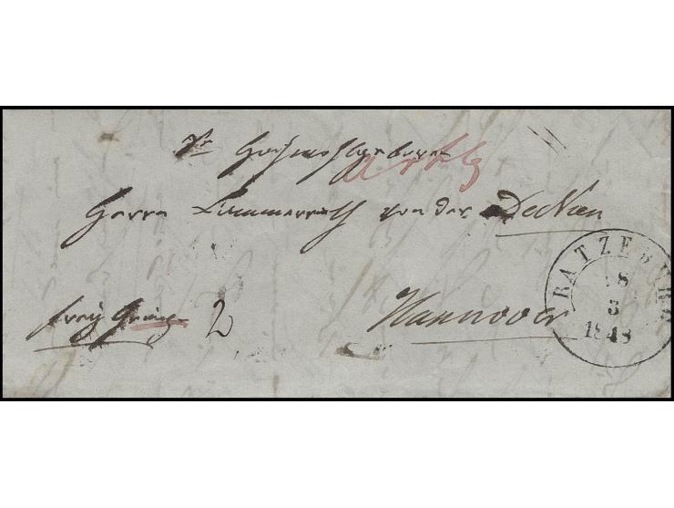Faltbrief von "RATZEBURG 18.3.1848" nach Hannover, vorderseitig roter handschriftlicher Vermerk "Artlbg." für den Grenzort Ar