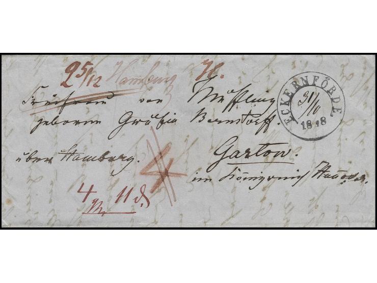 Faltbrief von "ECKERNFÖRDE 31/10 1848" nach Gartow an die Freifrau von Müssling, geb. Gräfin Bernstorff, handschriftlicher Ve