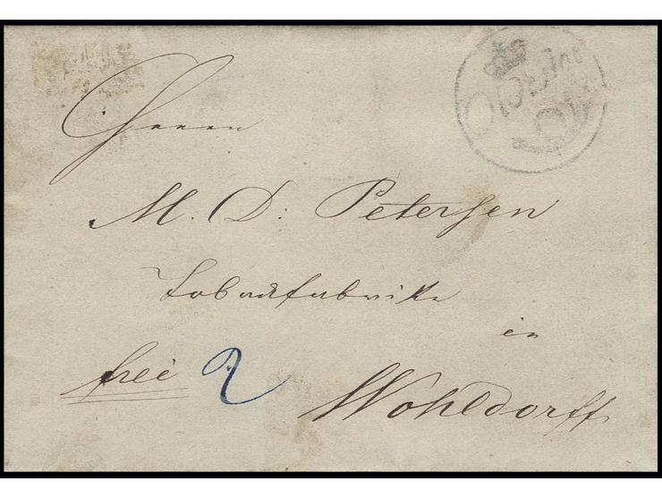 Faltbrief geschrieben am 7.2.1849 mit Krone/Posthorn Stempel von "OLDESLOE" nach Wohldorff, der Brief ist von Rheinfeld bei O
