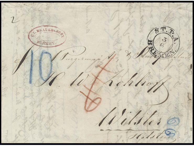 Faltbrief der 2. Gewichtsstufe von "S.T.P.A. BREMEN 3 6" nach Wilster, rückseitig Transitstempel "St.P.A. 4 Jun 49" sowie "S-
