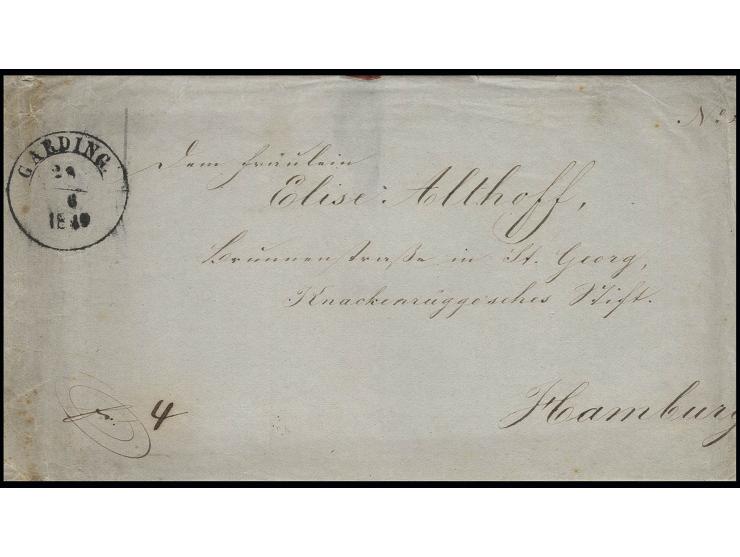 Faltbriefhülle mit Aufgabestempel "GARDING 28.6.1849" nach Hamburg, handschriftlicher Vermerk "frei 4", laut Posttax-Gesetz v