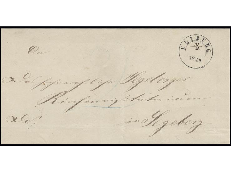 1½ Kreis-Stempel "ULZBURG 1849" mit handschriftlicher Monats- und Tagesangabe "31/10" auf Faltbriefhülle nach Segeberg, hands