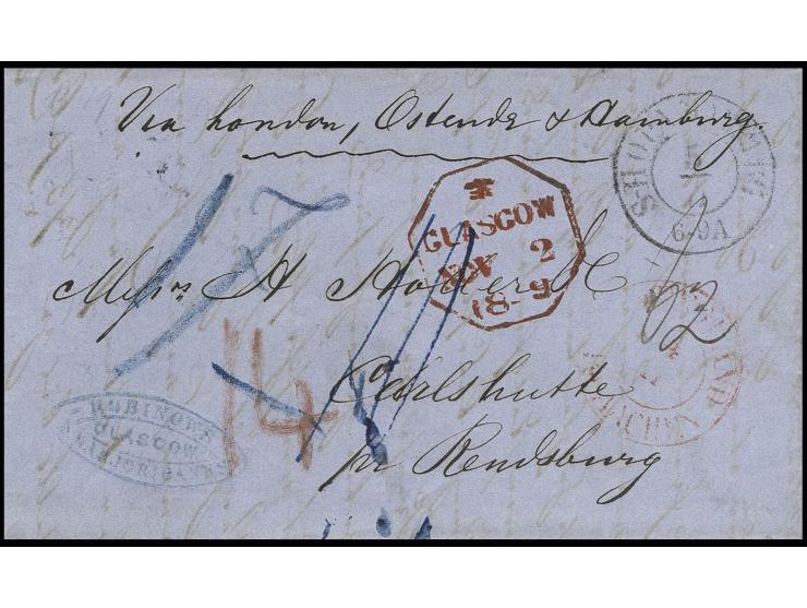 Faltbrief von "GLASGOW NOV 2 1849" via London, Ostende und Hamburg nach Rendsburg, vorder- und rückseitig diverse Transitstem