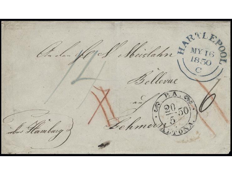 Faltbrief von "HARTLEPOOL MY 16 1850" via Hamburg nach Bellevue auf Fehmarn, vorder- und rückseitig diverse Transitstempel un