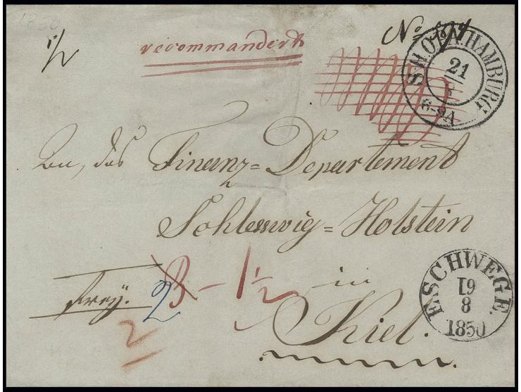 Eingeschriebene Faltbriefhülle von "ESCHWEGE 19.8.1850" (die 1 in der Jahreszahl kopfstehend) via Hamburg nach Kiel, vorderse