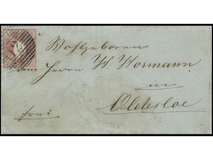 2 Sch. lebhaftrosa, farbfrisch und allseits vollrandig, unten mit kleinem Teil der Nachbarmarke, mit klarem Roststempel "12" 