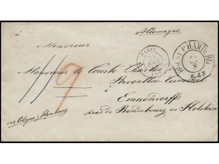 Umschlag aus "PARIS 23 AOUT 51" nach Emkendorff mit handschriftlichem Vermerk "via Cologne & Hambourg", rückseitig minimal st