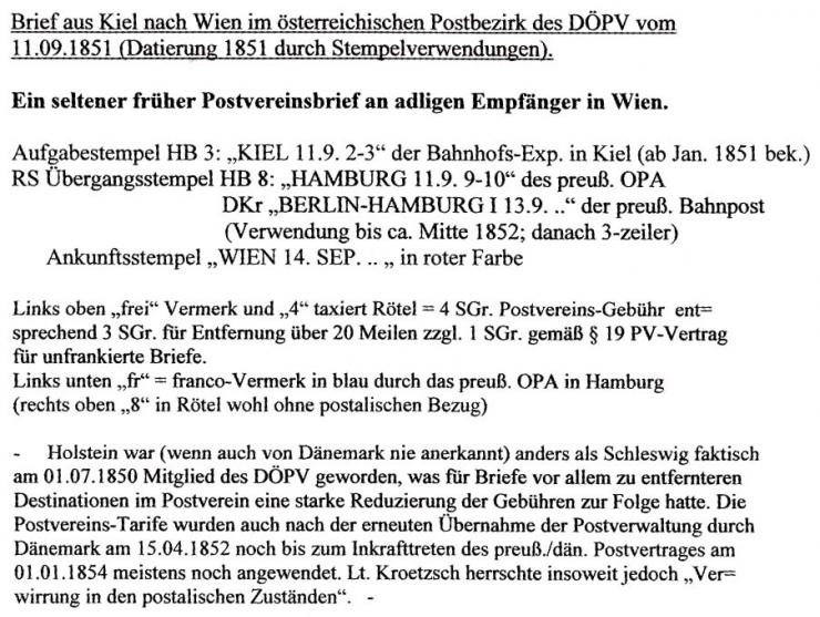 Faltbriefhülle von "KIEL 11 8 2-3" nach Wien, 4 Sgr. Postvereinsporto oben links in Rötel taxiert, je einmal waagerecht bzw. 