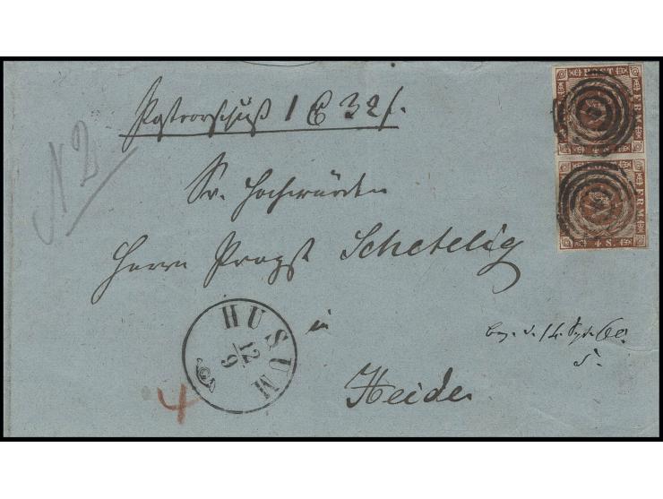 4 S. orangebraun im allseits breitrandigen, senkrechten Paar mit stummem Nummernstempel und nebengesetztem EKr. "HUSUM 12/9" 