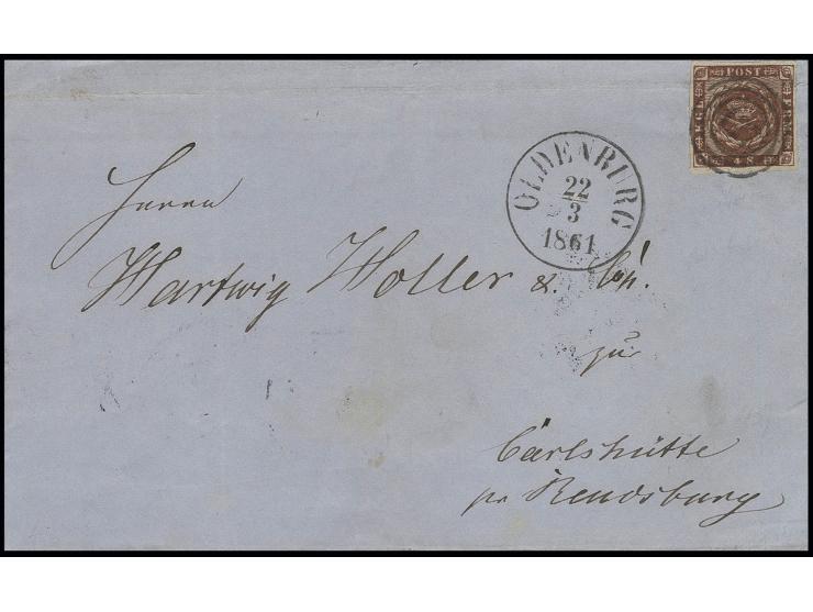 4 S. braun, privat durchstochen 9½, mit Nummernstempel "127" auf Faltbriefhülle mit nebengesetztem EKr. "OLDENBURG 22 3 1861"