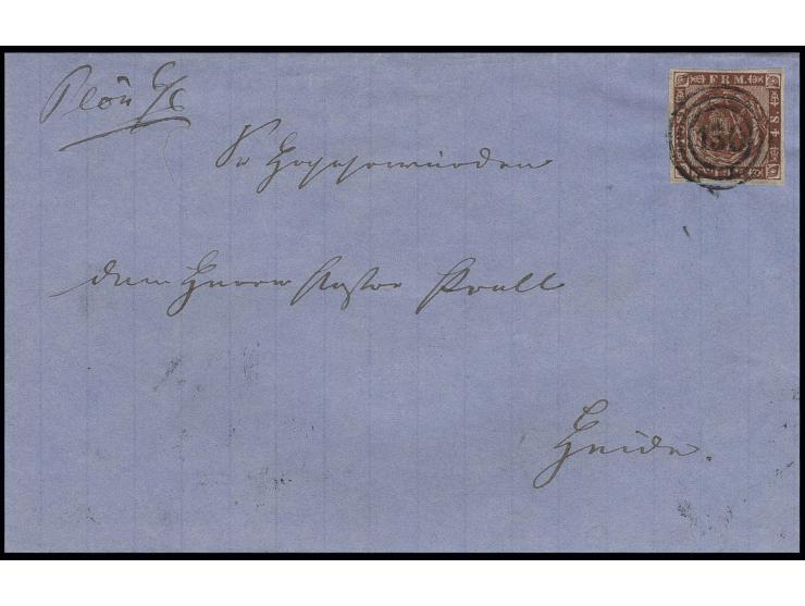 4 S. braun, farbfrisch und allseits breitrandig mit Nummernstempel "130" auf Faltbriefhülle mit handschriftlichem Aufgabeverm