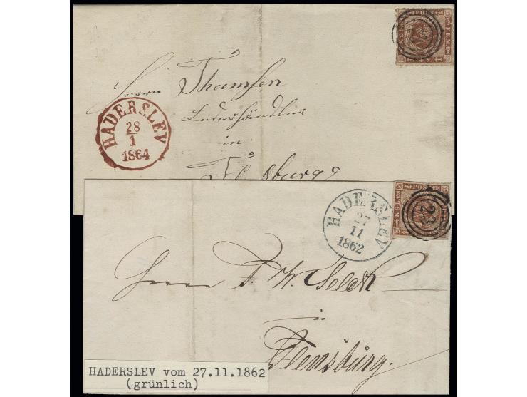 4 S. orangebraun, allseits voll- bis breitrandig mit Nummernstempel "23" und grünlichem EKr. "HADERSLEV 27 11 1862" auf Faltb