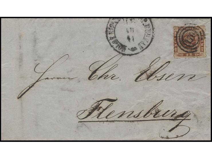 4 S. rötlichbraun, durchstochen 11, mit aptiertem Nummernstempel "170" des Holst. Eisenbahn Post Speditions Bureaus auf Faltb