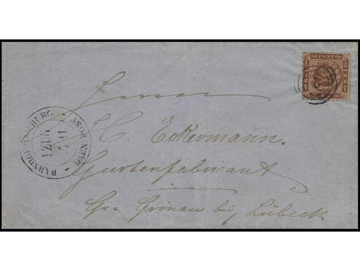 4 S. rötlichbraun, durchstochen 11, mit Nummernstempel "2" auf Faltbrief (Kartenschluß) mit nebengesetztem DKr. "BAHNHOF HAMB