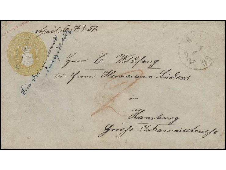 Ganzsachenumschlag 3 Sch. gelb mit Aufgabestempel "RATZEBURG 4.?.1857 nach Hamburg, Postsendungen aus den im Herzogtum Lauenb