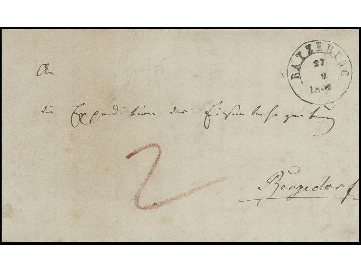 Faltbrief von "RATZEBURG 27 9 1852" nach Bergedorf mit rotem L2 Ankunftsstempel "BERGEDORF 28.9.", dazu eine Faltbriefhülle v