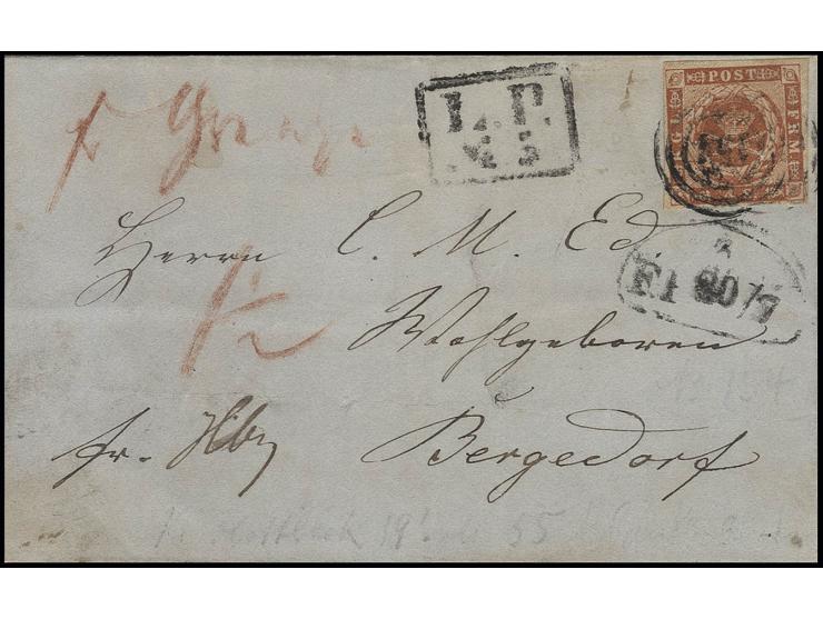 4 S. rotbraun, allseits voll- bis breitrandig mit Nummernstempel "154" auf Faltbriefhülle mit nebengesetztem Ra2 "L.P. No. 5"