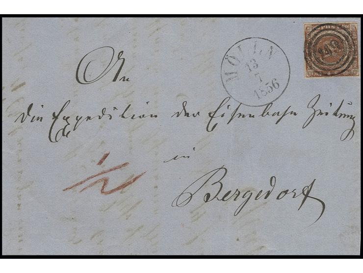4 S. rotbraun, rechts minimal touchiert sonst knapp- bis vollrandig mit Nummernstempel "149" auf Faltbrief mit nebengesetztem