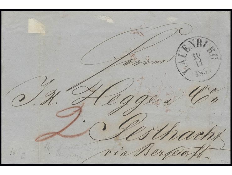Faltbriefhülle von "LAUENBURG 10.11 1857" nach Geesthacht, rückseitig Transitstempel von Bergedorf und roter Ankunftsstempel,