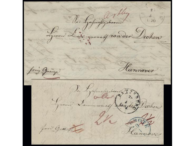 Faltbrief von "RATZEBURG 25 3 1850" über Lauenburg nach Hannover, links unten vermerkt "frey Grenze" und in rot "Artbg" für d