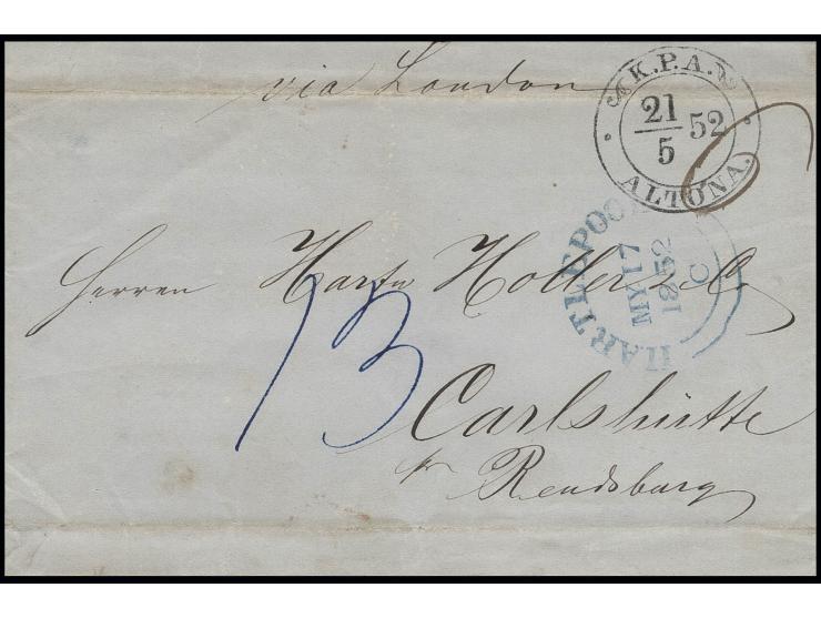 Faltbriefhülle von "HARTLEPOOL MY 17 1852" über London und Altona nach Carlshütte, taxiert "13", sign. Carl H. Lange