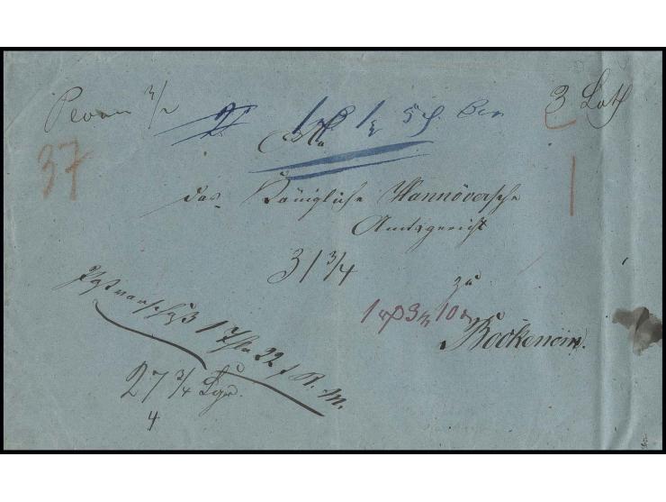 Postvorschußbrief von Ploen nach Bockenem mit handschriftlichem Aufgabevermerk "Ploen 3/2", sowie "Postvorschuß 1 Th. 22 s R.