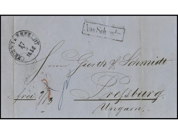 Faltbrief von "CHRISTIANSFELDT 17 5 1856" nach Pressburg, in Tinte taxiert "9/13", irrtümlich wurde statt des Herkunftsstempe