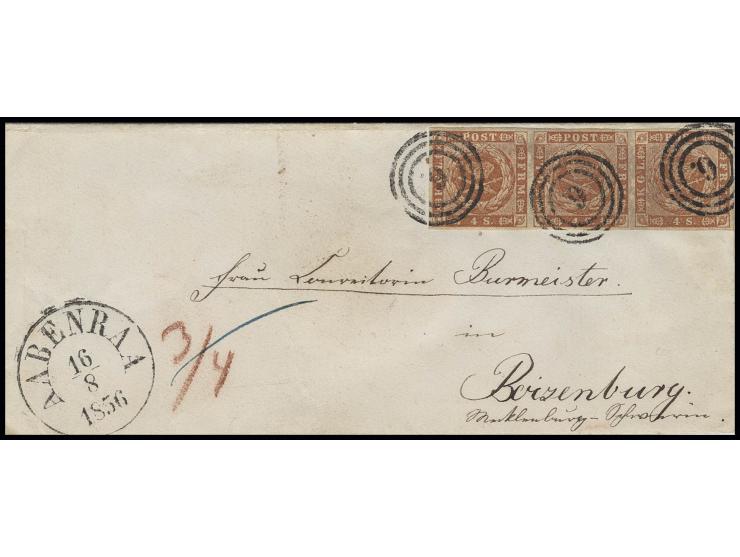 4 S. orangebraun im waagerechten 3er-Streifen mit Nummernstempel "6" auf Brief mit nebengesetztem EKr. "AABENRAA 16 8 1856" n