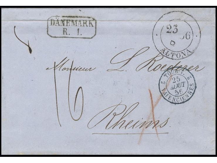 Faltbrief von Altona nach Rheims mit aptiertem DKr. "ALTONA 23 8 56" sowie seltenem Transitstempel "DÄNEMARK R. 1", gute Erha