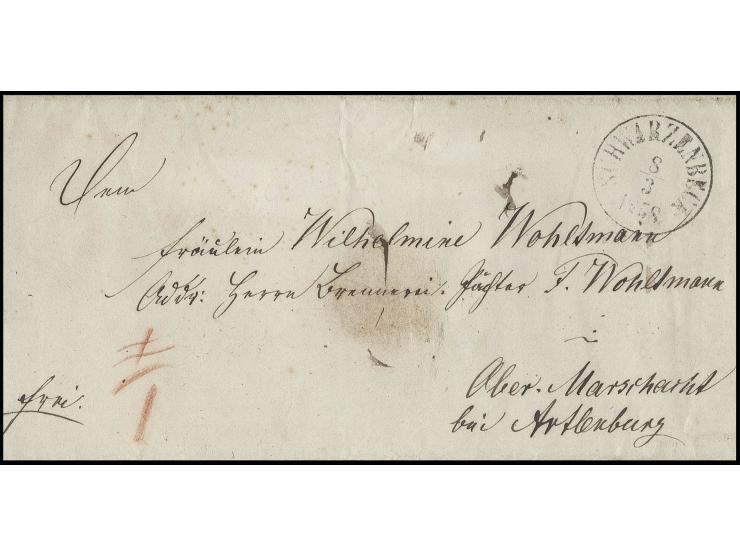 Faltbrief von "SCHWARZENBECK 8 3 1858" nach Ober-Marschhacht, rückseitig blauer Transitstempel "ARTLENBURG 8 3", dieser Brief