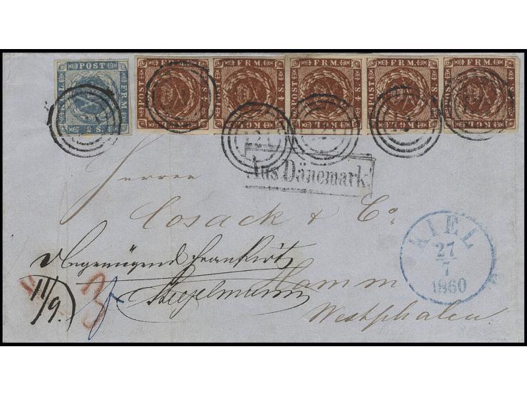 4 S. braun im senkrechten 5er-Streifen und Einzelwert 1854 2 S. blau, allseits voll- bis breitrandig, mit Nummernstempel "121