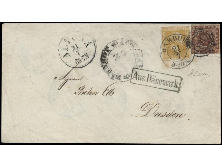 4 S. braun in Mischfrankatur mit Preußen 1858 3 Sgr. gelborange, beide Marken farbfrisch und allseits gut gerandet, mit Numme