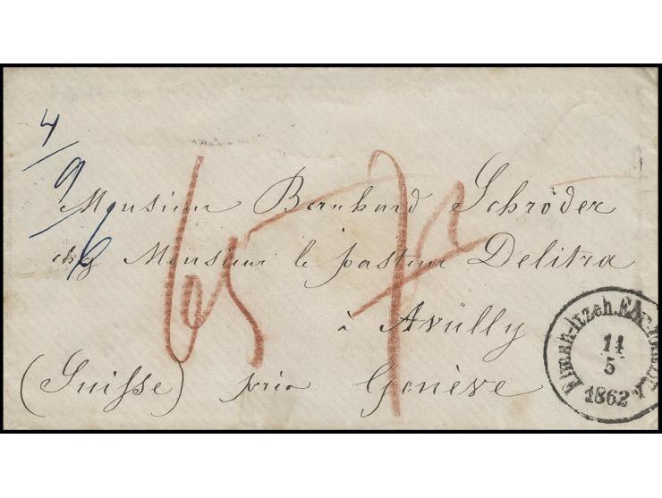 Umschlag von Holstein mit Aufgabestempel "Elmsh.-Itzeh.Ebn.Post Bur. 14 5 1862" nach Avülly bei Genf, in blau taxiert "4/9/6"