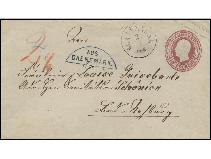 1861 Ganzsachenumschlag 1 Gr. rosa mit Aufgabestempel "BLANKENESE 2/7" nach Bad Rehburg mit blauem Transitstempel "AUS DAENEM
