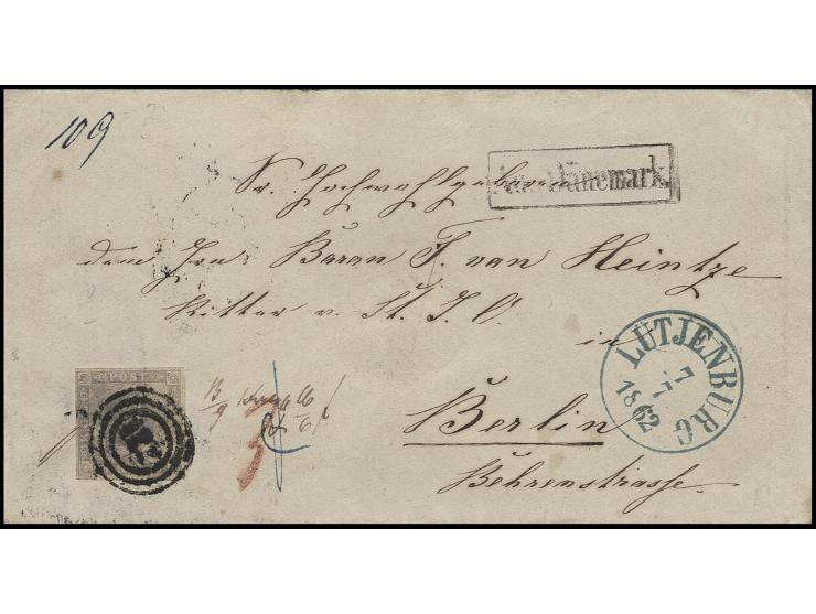 16 S. gräulichviolett, allseits gut gerandet mit Nummernstempel "122" und nebengesetztem blauen EKr. "LÜTJENBURG 7  7 1862" a