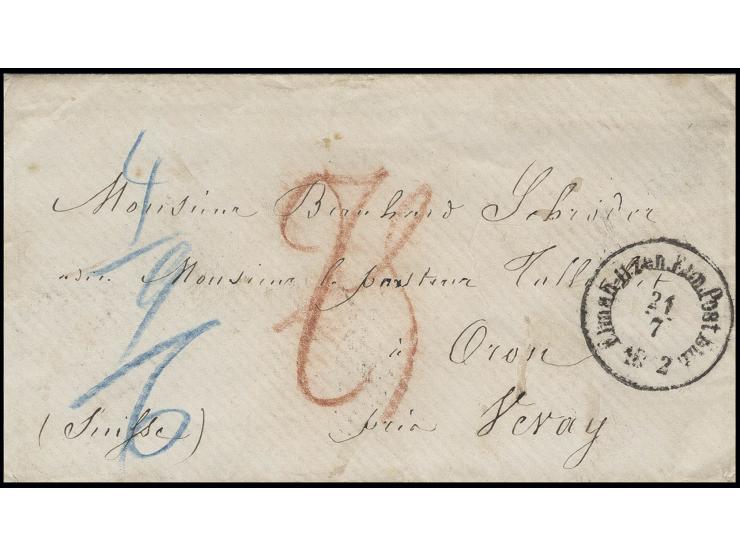 Umschlag von Holstein mit Aufgabestempel "Elmsh.-Itzeh.Ebn.Post Bur. 21 7 1862" über Vevay nach Oron, in blau taxiert "4/9/6"