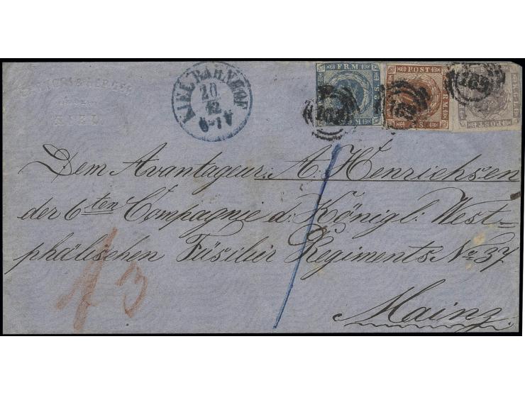 2 S. blau, 16 S. gräulichviolett und 1858 4 S. braun, mit Nummernstempel "169" und nebengesetztem blauen EKr. "KIEL BAHNHOF 2