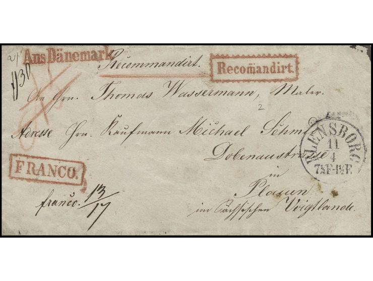 Eingeschriebener Umschlag von "FLENSBORG 11/4" nach Plauen mit rotem Herkunftsstempel "Aus Dänemark" sowie Ra1 "FRANCO" und "