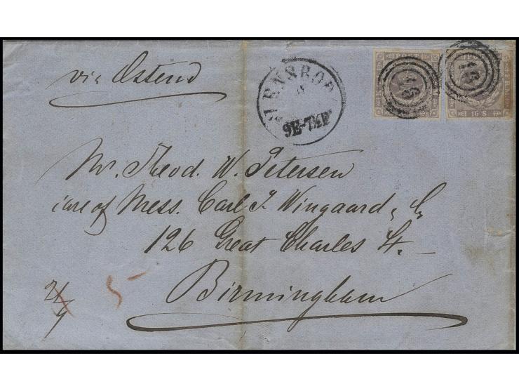 16 S. gräulichviolett, zwei Einzelwerte je allseits breitrandig mit Nummernstempel "16" und nebengesetztem EKr. "FLENSBORG (2