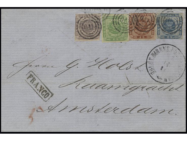 2 S. blau, 8 S. grün und 16 S. gräulichviolett sowie 1863 4 S. rötlichbraun mit aptiertem Nummernstempel "170" und nebengeset