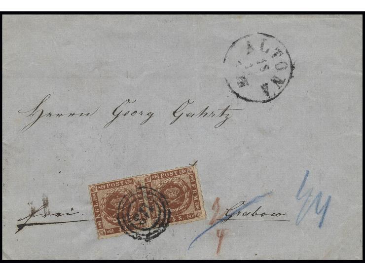1863, 4 S. rötlichbraun im waagerechten Paar mit Nummernstempel "113" und nebengesetztem EKr. "ALTONA 18 11" auf Faltbriefhül