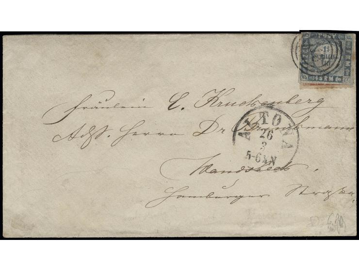 Schleswig-Holstein 1864 1¼ S. eng gewellter Grund geklebt über Dänemark 1863 4 S. rötlichbraun mit Nummernstempel "113" und n