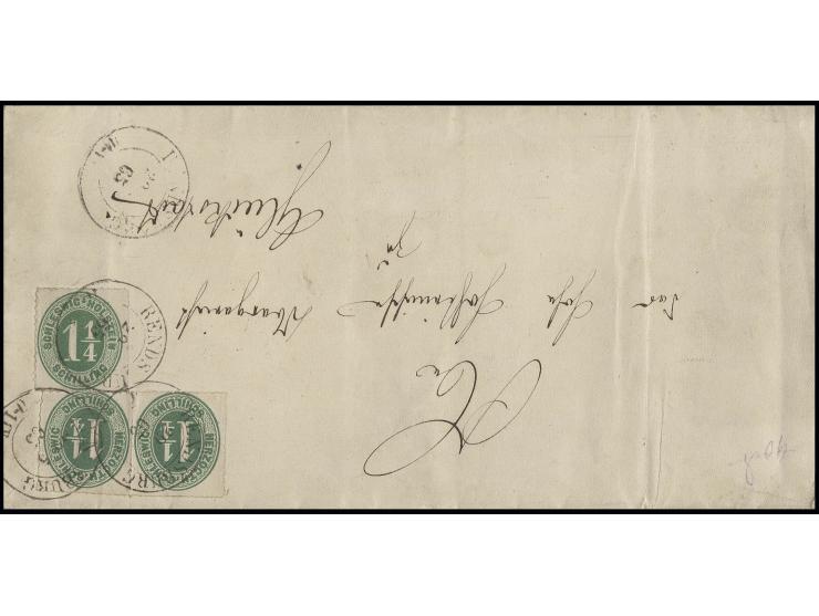 1864, 1¼ S. olivgrün, zwei Einzelwerte in seltener wertstufengleicher Mischfrankatur mit 1865 1¼ S, olivgrün mit DKr. "RENDSB