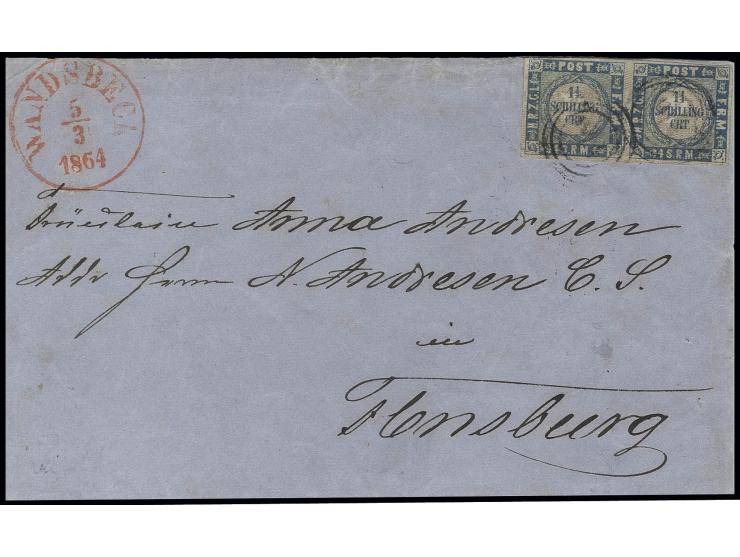 1864, 1¼ S. eng gewellter Grund im waagerechten Paar, knapp bis vollrandig geschnitten mit Nummernstempel "146" und rotem neb