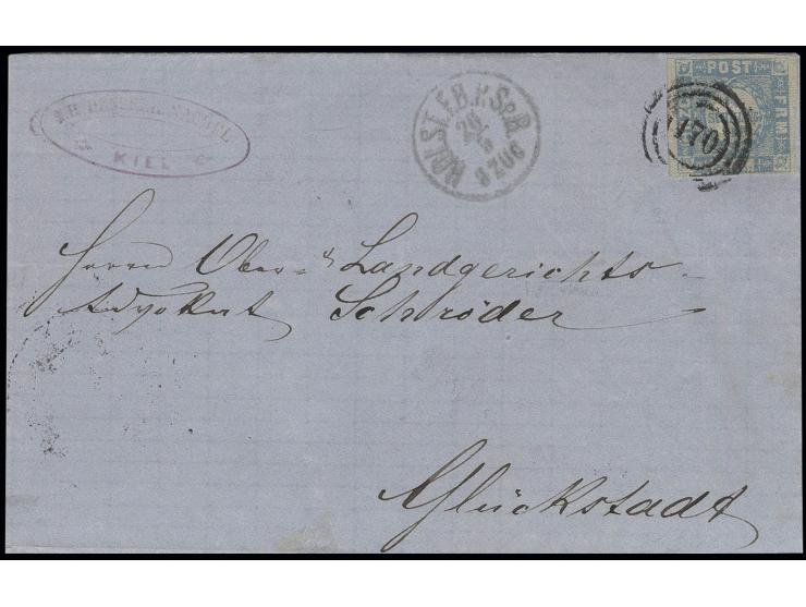 1¼ S. mittelgrauultramarin, allseits voll- bis breitrandig mit aptiertem Nummernstempel "170" und nebengesetztem EKr. "HOLST.