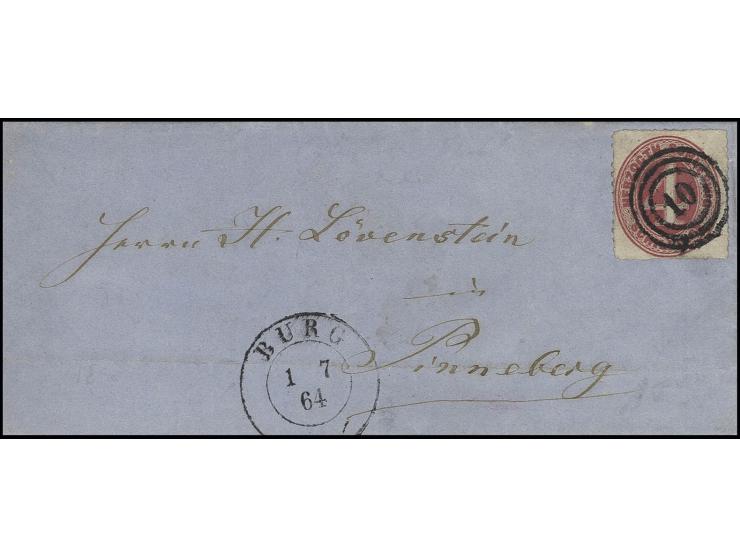 4 S. karminrot mit Nummernstempel "10" und nebengesetztem DKr. "BURG 1 7 64" auf Faltbrief nach Pinneberg, Marke mit kleiner 