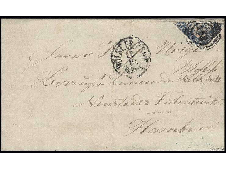 1 1/4 S. mittelblau/weißrosa diagonal halbiert mit Nr. "168" und beigesetztem EKr. "HOLST.E.B.P.Sp.B. 22.10 Zug." auf Faltbri