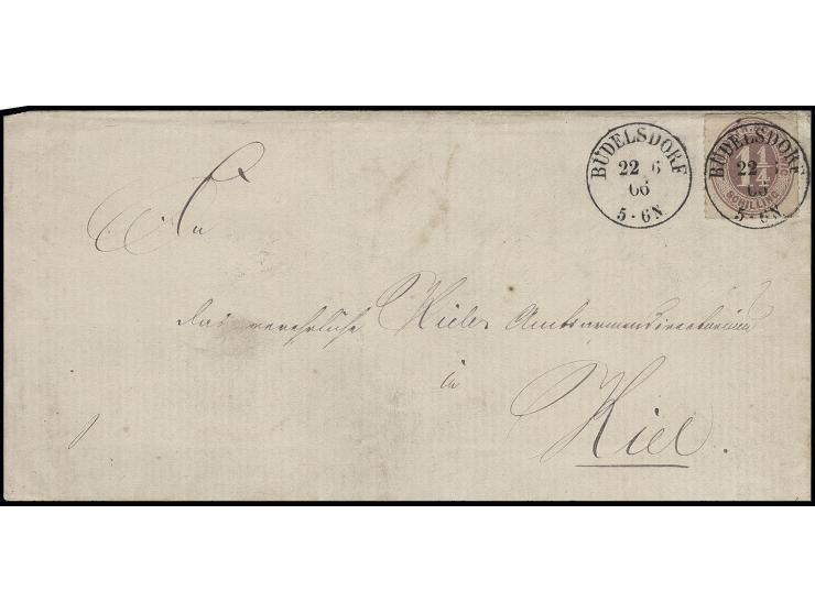 1¼ S. rosalila mit klarem EKr. "BÜDELSDORF 22 6 66" auf Faltbrief nach Kiel, sehr seltene Entwertung, da die Postexpedition n